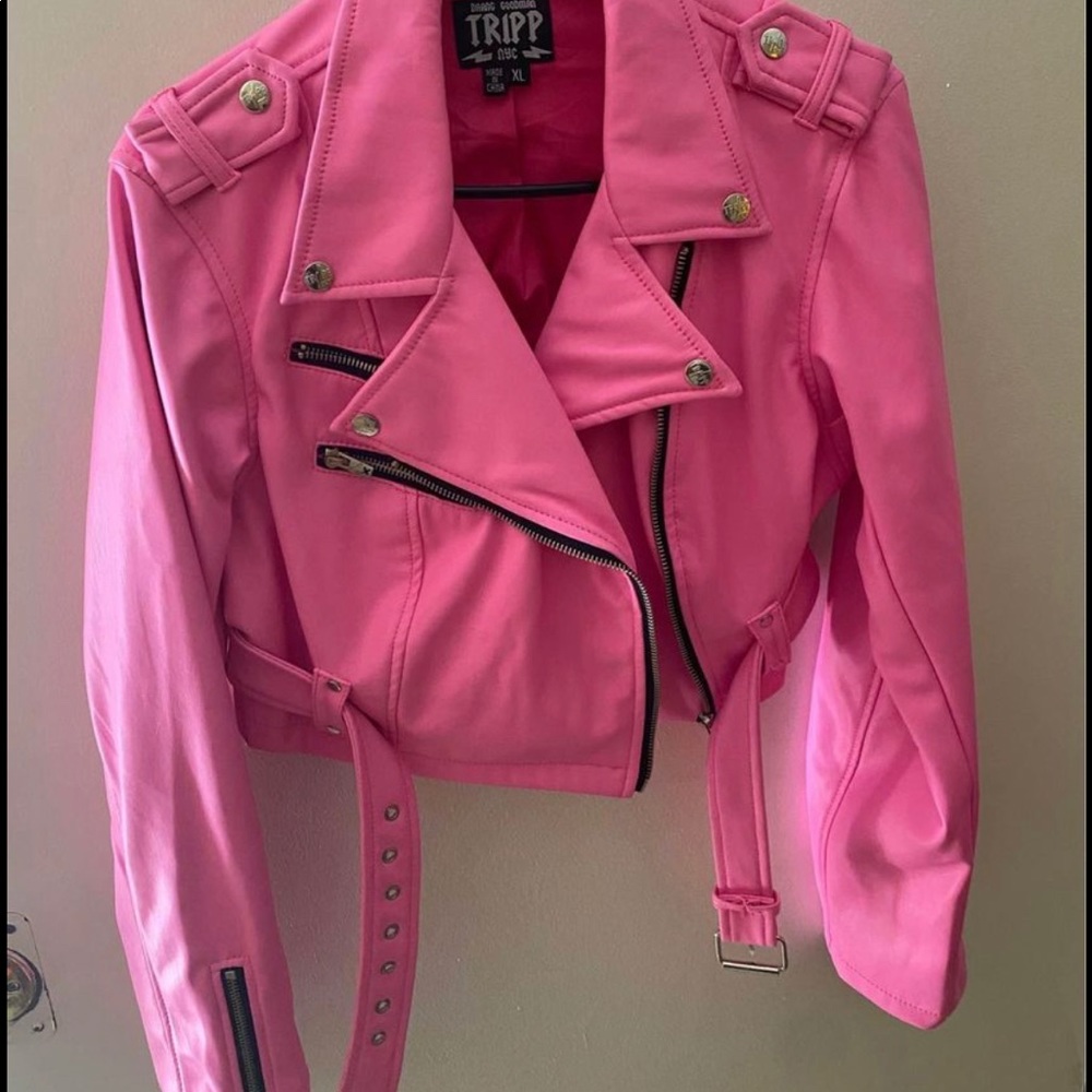 Hot Pink faux leather moto style crop top jacket XL